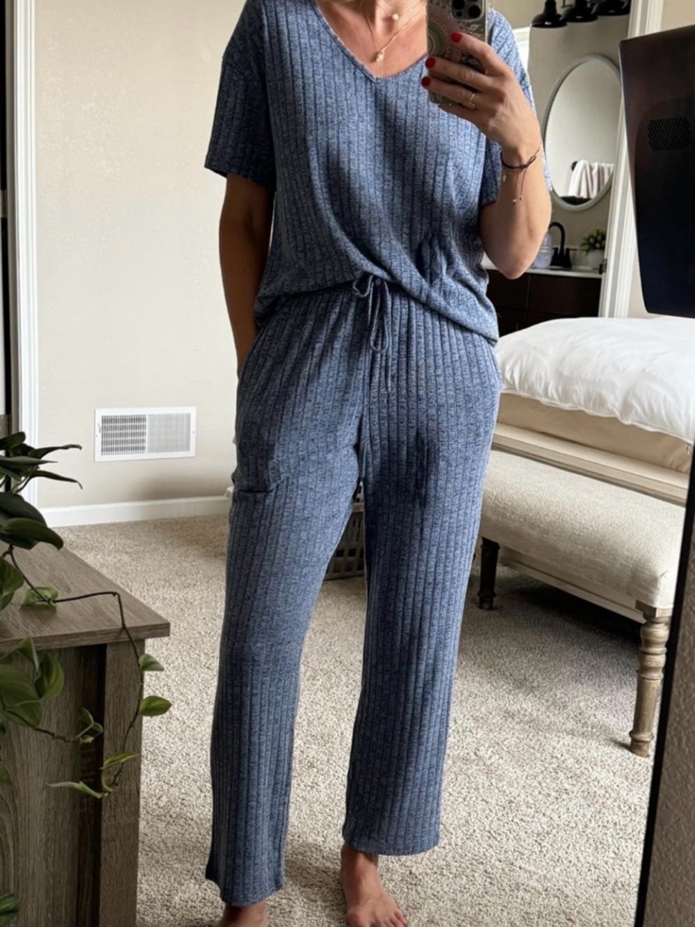 Ribbed V-Neck Lounge Jumpsuit - Blue
